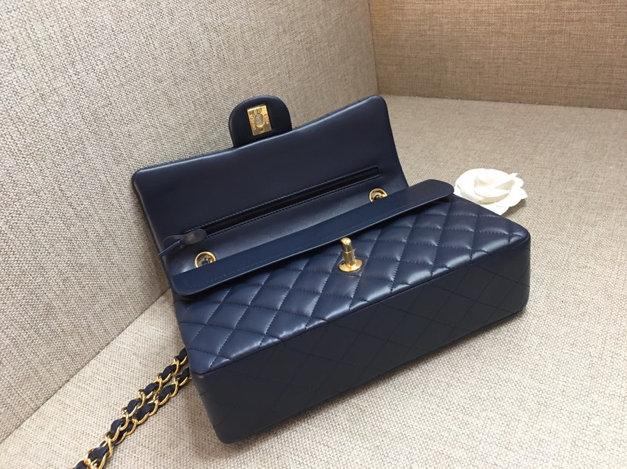 Medium Classic Flap Lambskin Bag AO1112 Dark Blue/Gold